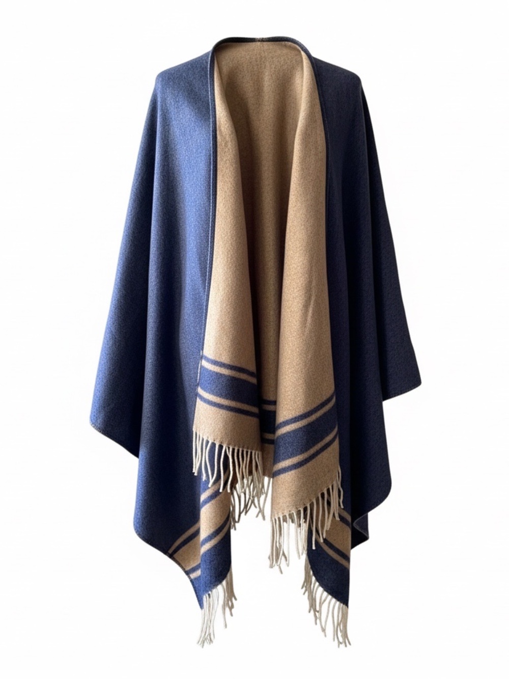 Women's Blue & Tan Fringed Reversible Poncho/Cardigan/Ruana/Cape/Shawl